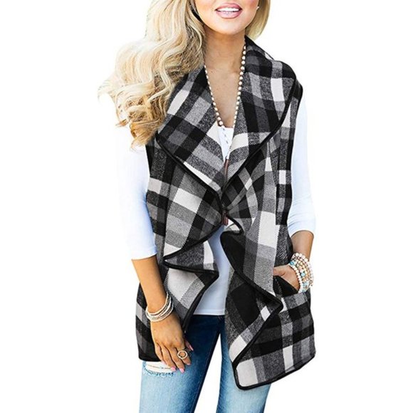 Design Vogues Black and White Buffalo Plaid Drape Vest - Picture 1 of 11